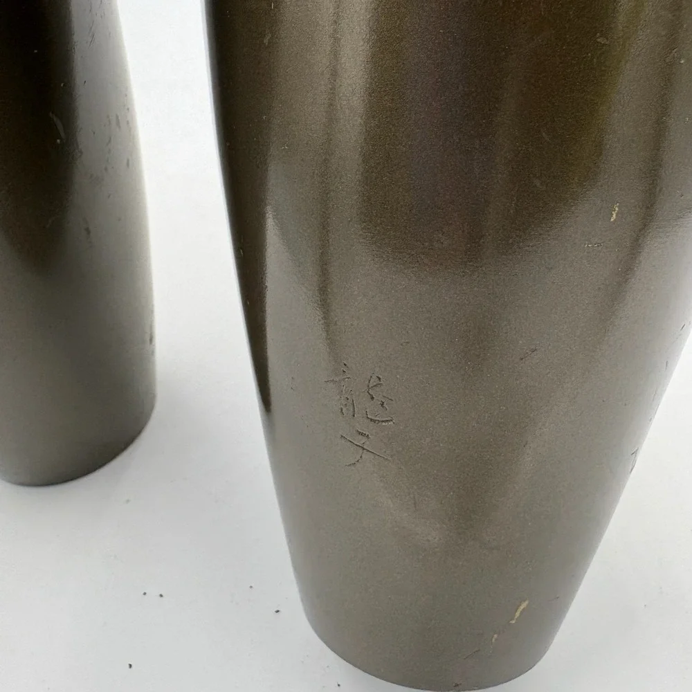 Pair Antique Japanese Brass Vases Signed‎ Ryubun 龍文 Gilt Floral Design 8